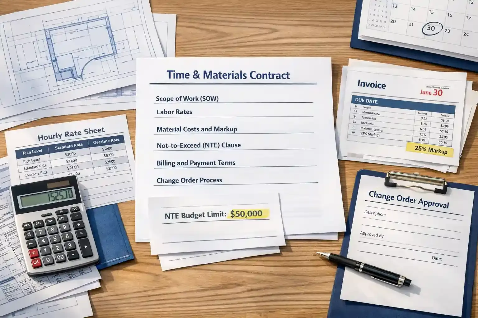 Desk with Time & Materials contract and key billing components visible